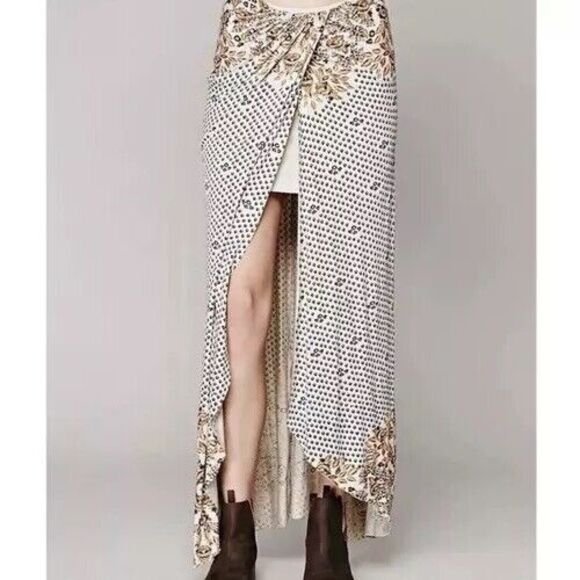 Free People‎ Skirt Womens Medium Column Print Maxi Cream Split Faux Boho Western - Picture 1 of 10